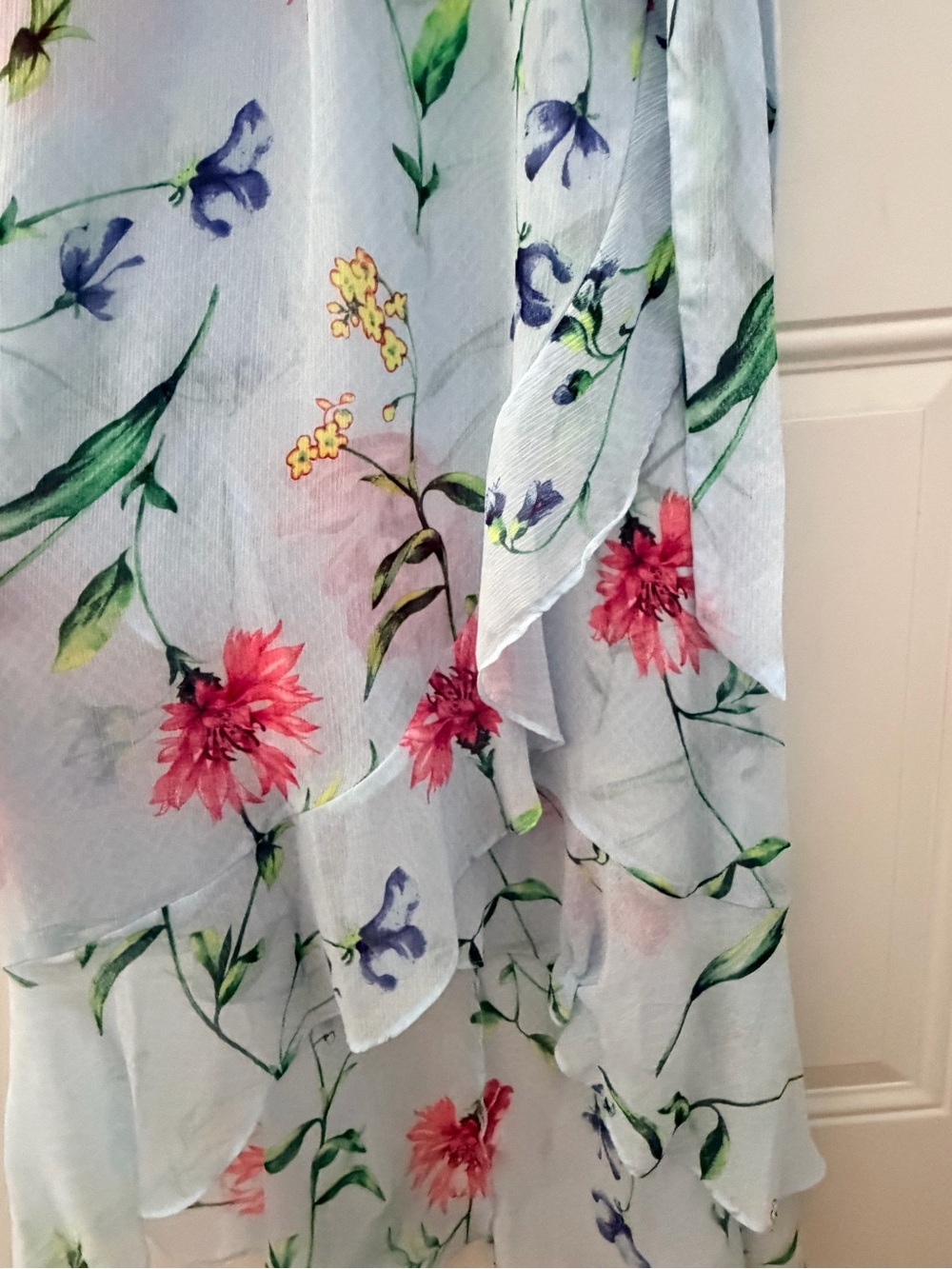 White House Black Market Light Blue Ruffle Floral High-Low Wrap Dress - Picture 9 of 15